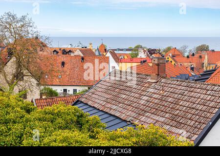 Einige der Dächer der mittelalterlichen Stadt Visby auf der Insel Gotland in der Ostsee vor Schweden Stockfoto