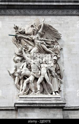 Skulptur auf dem Triumphbogen, Paris - Le Départ de 1792 (oder La Marseille), von François Rude, zur Feier der Sache der Ersten Republik Frankreich Stockfoto