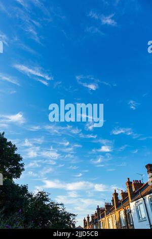 Außergewöhnliche Ausstellung von Cirrus Cloud an einem frühen Juliabend in Großbritannien Stockfoto