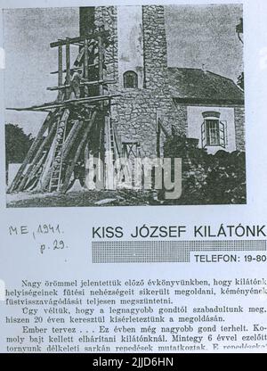 József Kiss Lookout. Foto des Kiss József Aussichtsturms, von 1941. Seit Januar 1966 sammelt die Ortsgeschichtliche Sammlung der Bibliothek Csorba Gyz Könyvtár Fotos und Postkarten aus dem Kreis Baranya. Nach den am 1.. Februar 2016 aktualisierten Daten besteht die Sammlung aus 11.565 Exemplaren. Als Ergebnis des 2012 gestarteten Digitalisierungsprojekts umfasst die Sammlung rund 59.000 schwarz-weiß- und farbige Datensätze unterschiedlicher Größen und Typen, die über den elektronischen Katalog recherchierbar sind. Stockfoto