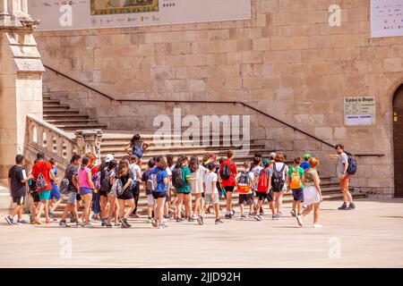 Menschen, die sich in der spanischen Stadt Burgos in Spanien für den Eintritt in die Kathedrale der Jungfrau Maria anstellen Stockfoto