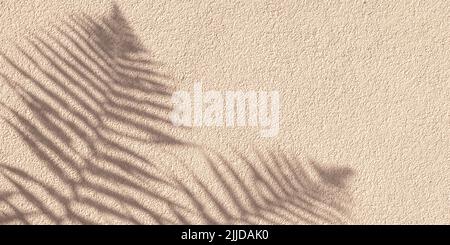 Tropischer Palmenzweig mit Schatten auf einer beigen Betonwand, natürliche Textur. Abstrakter Hintergrund. Speicherplatz kopieren. Sommer Grunge Tapete mit minimal konz Stockfoto