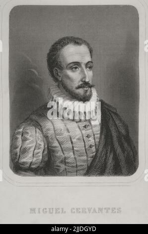 Miguel de Cervantes (1547-1616). Spanischer Schriftsteller. Autor von Don Quixote. Hochformat. Gravur von Geoffroy. „Historia Universal“, von César Cantú. Lautstärke V. 1856. Stockfoto