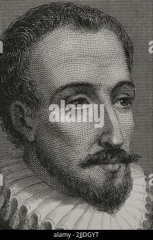 Miguel de Cervantes (1547-1616). Spanischer Schriftsteller. Autor von Don Quixote. Hochformat. Gravur von Geoffroy. Details. „Historia Universal“, von César Cantú. Lautstärke V. 1856. Stockfoto