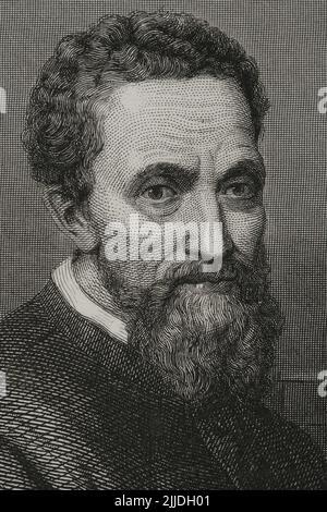 Michelangelo (Michelangelo Buonarroti) (1475-1564). Italienischer Maler, Architekt und Bildhauer der Renaissance. Hochformat. Gravur von Geoffroy. Details. „Historia Universal“ von César Cantú. Lautstärke V. 1856. Stockfoto