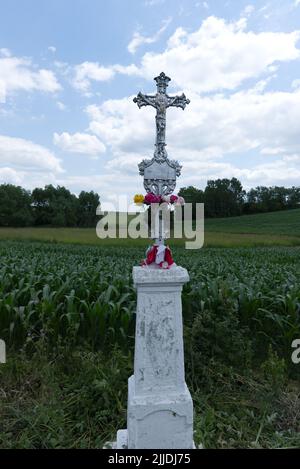 Wegkreuze zwischen Feldern in Polen Stockfoto