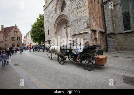 Brugges, Belgien, Touristen, die eine Kutschfahrt machen, Besichtigung der Altstadt Stockfoto