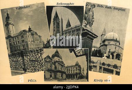 Pécs-Postkarte. Postkarte der Sehenswürdigkeiten von Pécs, darunter das Rathaus, die Kathedrale, die Pfarrkirche in der Innenstadt (ehemalige Moschee von Gazi Kasim pasha) und das Nationaltheater von Pécs. Seit Januar 1966 sammelt die Ortsgeschichtliche Sammlung der Bibliothek Csorba Gyz Könyvtár Fotos und Postkarten aus dem Kreis Baranya. Nach den am 1.. Februar 2016 aktualisierten Daten besteht die Sammlung aus 11.565 Exemplaren. Als Ergebnis des 2012 gestarteten Digitalisierungsprojekts umfasst die Sammlung etwa 59.000 schwarz-weiß- und farbige Datensätze unterschiedlicher Größen und Typen, die in der Sammlung enthalten sind Stockfoto