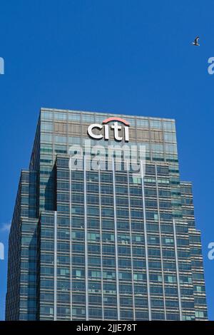 London, England - Juni 2022: Außenansicht des Citi-Bankbüros in Canary Wharf. Eine Möwe fliegt über uns Stockfoto