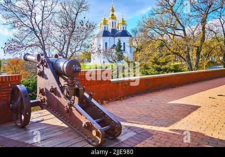 Die ausgebreiteten Herbstbäume und die schönen grünen Fichten vor der Katharinenkirche und mit Kanone der Tschernihiwer Dytynets-Zitadelle im Vordergrund, C Stockfoto