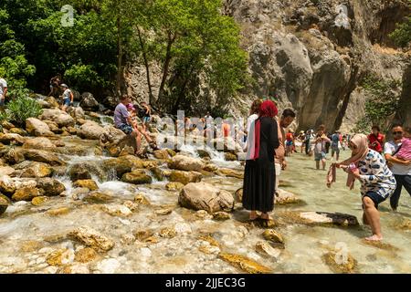 Langzeitbelichtung von Quellwasser in der Saklikent-Schlucht, Fethiye, Türkei. Stockfoto
