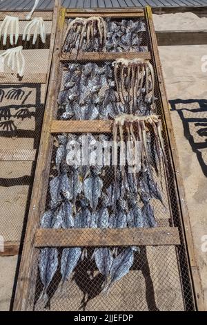 Nazare in Portugal, gesalzene Fische werden am Strand verkauft, traditioneller Marktstand Stockfoto