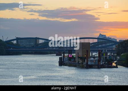 Ponton Entenwerder, Elbbrücken und Elbphilharmonie im Hintergrund, Deutschland, Hamburg Stockfoto