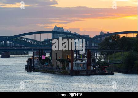 Ponton Entenwerder, Elbbrücken und Elbphilharmonie im Hintergrund, Deutschland, Hamburg Stockfoto