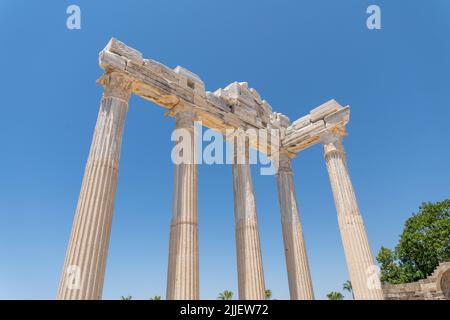 Nahaufnahme des Apollon-Tempels in der antiken Stadt Side in Manavgat, Antalya. Stockfoto