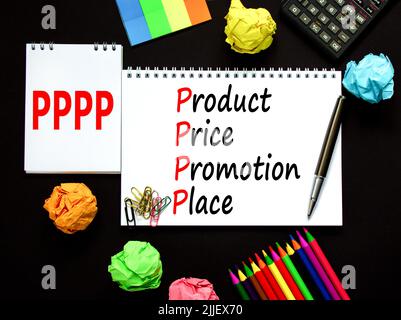 PPPP Produkt Preis Promotion Ort Symbol. Konzept Worte PPPP Produkt Preisförderung auf der Notiz auf schönen schwarzen Hintergrund. Business und PP Stockfoto