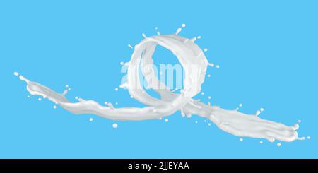 3D Abbildung des Milchspritzern auf blauem Hintergrund mit Schneideweg Stockfoto