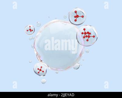 3D Illustration des roten Moleküls in flüssigen Blasen mit Clipping-Pfad für kosmetische Produkte Stockfoto