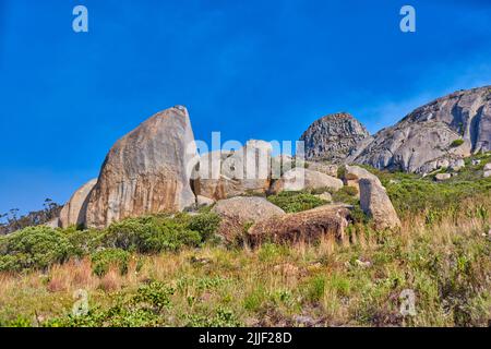 Kopieren Sie den Raum auf einem felsigen Berg mit Pflanzen und Sträuchern, die vor einem klaren Himmel wachsen. Schroffe, abgelegene und ruhige Landschaft mit Felsbrocken und Stockfoto