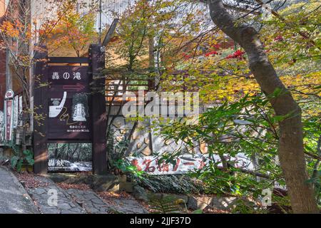 kyushu, japan - dezember 10 2019: Hölzerne Richttafel des Todorokikyo Falls mit Illustrationen, die eine Karte des Gehwegs zum Waten zeigen Stockfoto