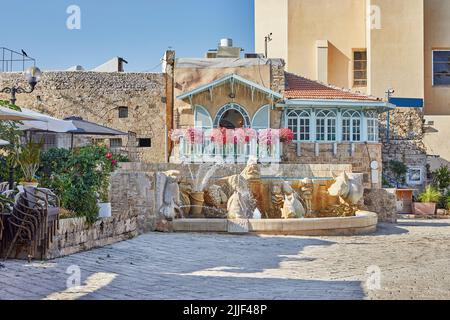 Zentraler Platz des alten Jaffa mit Brunnen der Tierkreiszeichen, Restaurants und der Kirche des heiligen Petrus des Apostels Stockfoto