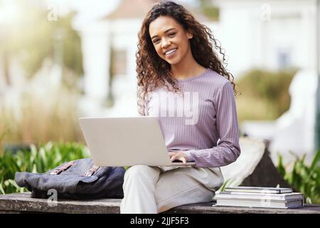 Versuchen, diese Fristen zu erreichen. Eine junge Frau, die einen Laptop im Park benutzt. Stockfoto