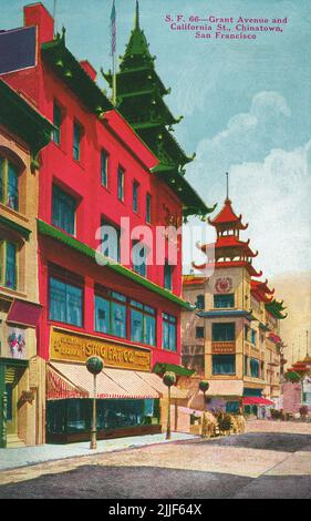 Alte US-Postkarte von Grant Avenue und California Street in Chinatown, San Francisco, USA Stockfoto