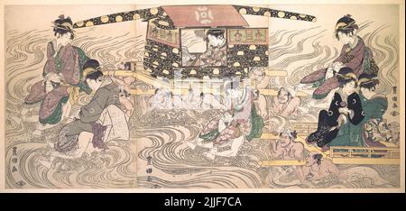 Japan: „Fair Travellers Fording the River Oi“. Teil eines Triptychon-Holzschnitts von Utagawa Toyokuni (1769. - 24. Februar 1825), c. 1800. Utagawa Toyokuni, auch oft als Toyokuni I bezeichnet, um ihn von den Mitgliedern seiner Schule zu unterscheiden, die seine gō (Künstlername nach seinem Tod) übernommen haben, war ein großer Meister von Ukiyo-e, insbesondere bekannt für seine Kabuki-Schauspielerdrucke. Utagawa war einer der Leiter der renommierten Utagawa-Schule japanischer Holzschnitt-Künstler und er war derjenige, der es wirklich in die Position des großen Ruhmes und der Macht brachte, die es für den Rest des 19. Jahrhunderts innehatte. Stockfoto