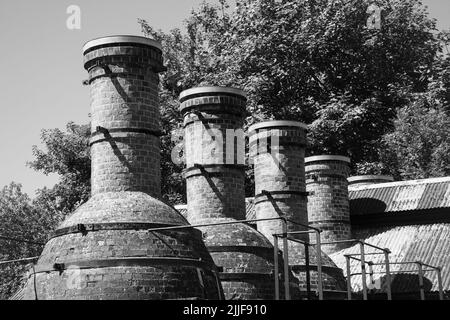 Twyford Waterworks, eine konservierte edwardianische Wasserpumpen- und Reinigungsstation in Hampshire, England, Großbritannien. Kalkofen Schornsteine, schwarz-weiß Stockfoto