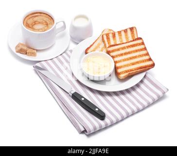 Frühstück mit Kaffee, Toast und Butter isoliert auf weißem Hintergrund Stockfoto