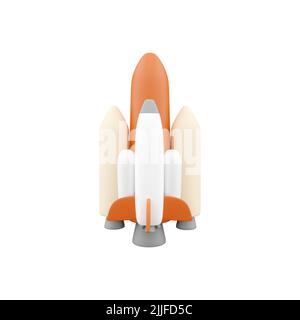 3D Render fliegende Rakete. 3D Rendering Raumschiff starten. 3D Rakete auf weißem Hintergrund rendern Stockfoto
