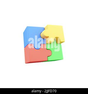 3D Render Puzzle-Symbol, vierfarbiger Puzzleteil, isolierter Hintergrund, 3D Rendering-Illustration des Puzzle-Symbols auf weißem Hintergrund Stockfoto