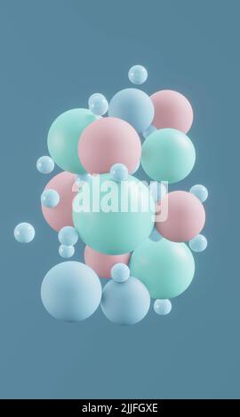 3D Render von bunten Kugeln, die auf hellblauem Hintergrund schweben Stockfoto
