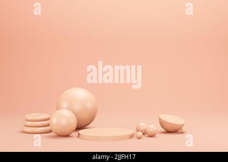 3D Render, monochromes Podium mit Kugeln, leerer Raum für Text oder Objekt Stockfoto