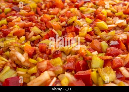 Nahaufnahme eines typischen mallorquinischen Gerichts, Coca de Trampo. Vegetarisches und gesundes Gericht der mediterranen Ernährung Stockfoto