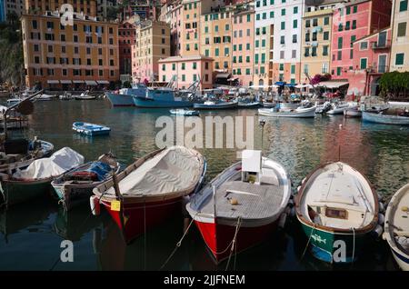 Camogli, Italien - Juni 2022: Kleine Boote liegen in Reihe im Hafen. Fischerboote und verschiffte Häuser im typisch italienischen Stil im Hintergrund. Stockfoto