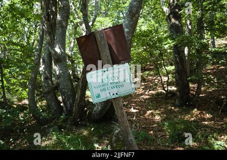 Alte gebogene Metallplatte auf Holzmast im Wald mit Inschrift Parco Naturale Regionale dell'Aveto bedeutet Aveto Regional Natural Park aus dem italienischen Stockfoto