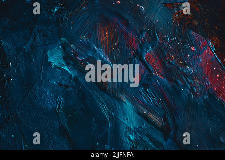 Tiefblaue und rote Lava dicke Farbstruktur. Abstrakte Kunst durch Ölgemälde auf Leinwand. Palette Messer Pinselstriche. Original Impasto Ölgemälde auf canv Stockfoto