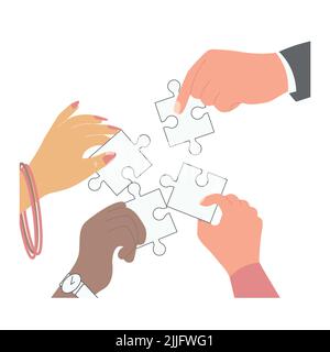 Geschäftspartnerschaftskonzept mit menschlichen Händen, die Puzzleteile halten. Geschäftsleute sammeln das Puzzle. Flache Grafik Stockfoto