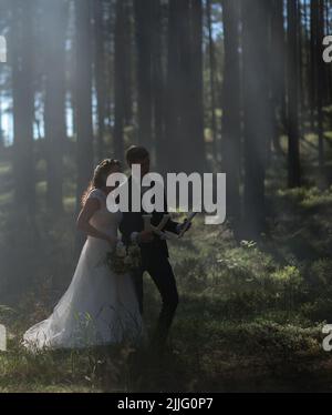 Eine schöne junge Braut und ein Bräutigam, die gemeinsam in einem nebligen Wald spazieren gehen Stockfoto