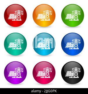 Solarpanel, Clean Energy, Power Icon Set, bunte glänzende 3D Rendering Ball Buttons in 9 Farboptionen für webdesign und mobile Anwendungen Stockfoto