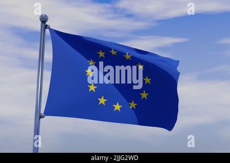 Eine Darstellung der wehenden Flagge der Europäischen Union aus dem Jahr 3D auf einem Mast gegen den bewölkten Himmel Stockfoto