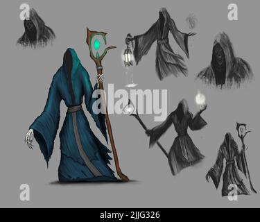 Magier Fantasy-Charakter, Charakterentwicklung für das Spiel, Konzeptkunst, digitale Illustration Stockfoto