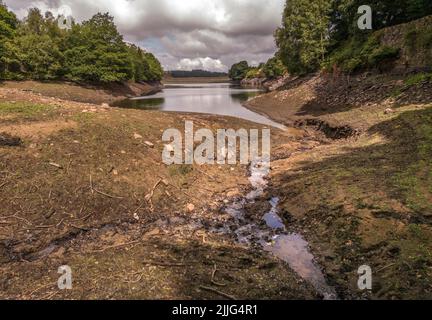 Niedriger Wasserstand am Holme Styes Stausee in Holmfirth West Yorkshire. Die Umweltbehörde (EA) hat eine Dürreordnung für das Yorkshire-Reservoir beantragt, um die Tierwelt bei lang anhaltendem trockenen Wetter zu schützen. Die Bewegung, um zu verhindern, dass das Holmes Styes Reservoir in Holmfirth trocken läuft, kommt nach Monaten geringer Niederschläge, die Flussströme und einige Grundwasserspiegel in Teilen der Region unter dem Normalwert gelassen haben. Bilddatum: Dienstag, 26. Juli 2022. Stockfoto