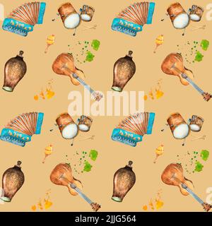 Ethnische Musikinstrumente lateinamerikas Aquarell nahtloses Muster auf beige. Folk Trommel, Akkordeon, Gitarre Illustration handbemalt. Designeleme Stockfoto