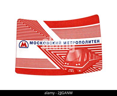 Moskauer U-Bahn (U-Bahn) Transport Ticket in Moskau, Russland, um 2011. Transport Zug Ticket isoliert auf weißem Hintergrund Stockfoto