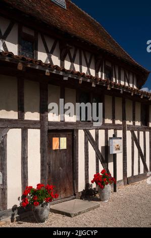 Urnen roter Blumen flankieren die einfache Tür und die niedrige rustikale Planktür, die Zugang zum einstöckigen Südgang der Fachwerkstatt Sainte-Croix-en-son-Exaltation (Kirche der Exaltation des Saint Cross) in Bailly-le-Franc in der Landschaft Pays du der in der Aube, Grand Est, Frankreich, bietet. Die Kirche wurde 1510 gegründet und ist seitdem kaum verändert worden. Stockfoto