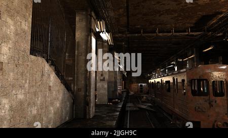 3D-Illustration einer zerstörten und verlassenen U-Bahn-Station Stockfoto