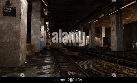 3D-Illustration einer zerstörten und verlassenen U-Bahn-Station Stockfoto