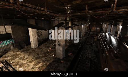 3D-Illustration einer zerstörten und verlassenen U-Bahn-Station Stockfoto